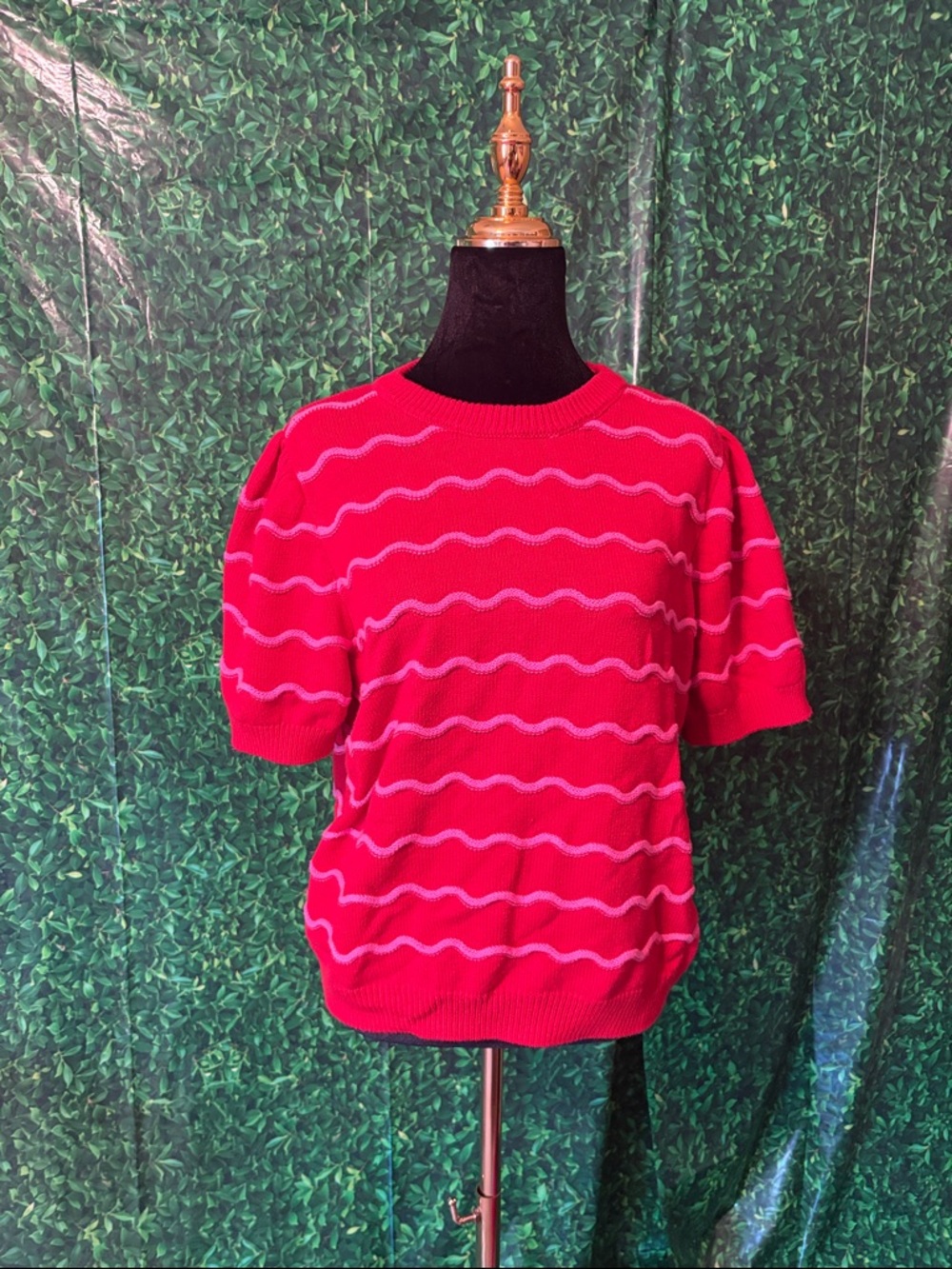 St. John’s Bay Red Short Sleeve Knit Top with Pink Wave Stripes